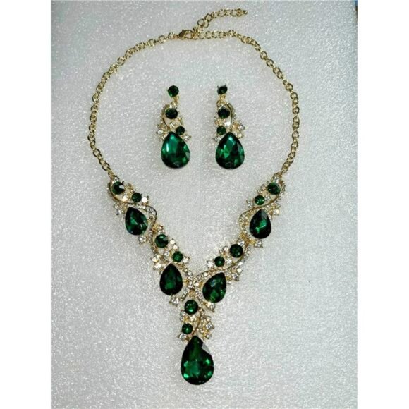 Green Necklace Set Crystal Rhinestone Emerald Green Wedding Bridal Prom Jewelry - Picture 2 of 2